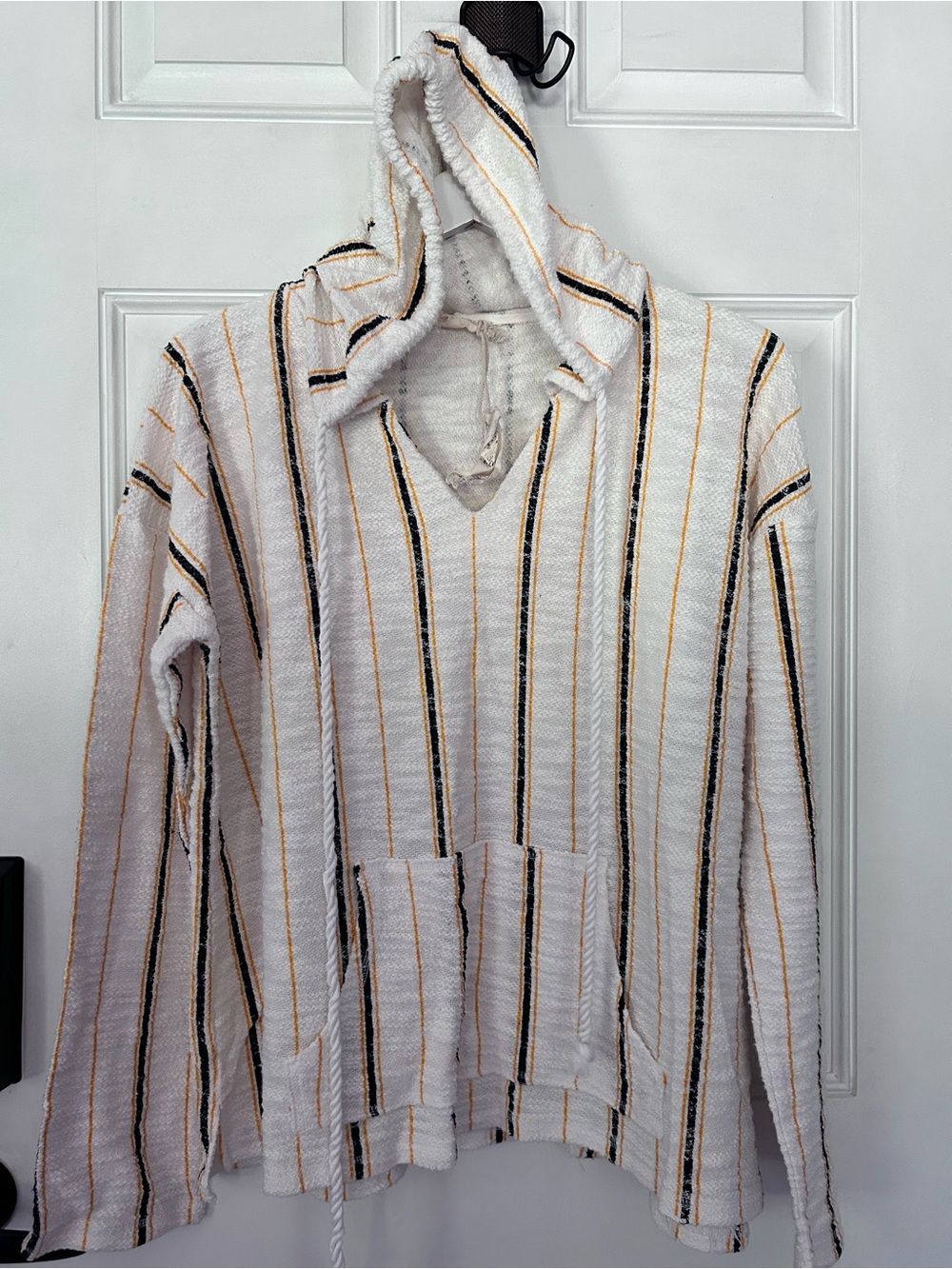 Hem & Thread Cream Hoodie with Black & Mustard Stripes